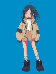 Rule 34 | 1girl, ahoge, arms at sides, black choker, black footwear, blue background, blue eyes, brown jacket, brown shorts, choker, closed mouth, contrapposto, full body, grey hair, hair ornament, hairclip, jacket, long hair, long sleeves, looking at viewer, nao97122, open clothes, open jacket, original, ribbed socks, ringed eyes, shirt, shirt tucked in, shoelaces, shoes, shorts, simple background, sleeves past fingers, sleeves past wrists, sneakers, socks, solo, standing, swept bangs, the north face, white shirt, white socks