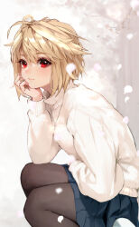 Rule 34 | 1girl, arcueid brunestud, blonde hair, brown pantyhose, closed mouth, day, eyelashes, falling petals, from side, hand up, head rest, highres, jewelry, junly, long sleeves, looking to the side, necklace, outdoors, pantyhose, petals, pleated skirt, red eyes, short hair, sitting, skirt, smile, solo, sweater, tsukihime, tsukihime (remake), white sweater