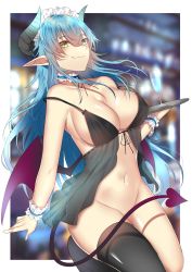 Rule 34 | + +, 1girl, babydoll, barefoot, black ribbon, black thighhighs, blue hair, blurry, blurry background, blush, border, bottomless, breasts, cleavage, closed mouth, collarbone, convenient censoring, covered erect nipples, cup, demon girl, demon horns, demon tail, demon wings, depth of field, drink, drinking glass, hair between eyes, highres, holding, holding tray, horns, kneeling, large breasts, long hair, low wings, maid headdress, navel, neck garter, onineko-chan, original, pointy ears, purple wings, ribbon, ribbon trim, see-through, single thighhigh, smile, solo, stomach, strap slip, tail, tail censor, thighhighs, tray, underwear, underwear only, white border, wings, wrist cuffs, yellow eyes