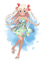 Rule 34 | 10s, 1girl, alternate costume, alternate hairstyle, bag, bare shoulders, blue dress, blue eyes, casual, dress, floral print, flower, full body, hair flower, hair ornament, handbag, itachi maki, kantai collection, long hair, looking at viewer, open mouth, toeless footwear, outstretched arms, ro-500 (kancolle), shoes, solo, spread arms, strapless, strapless dress, tan, twintails