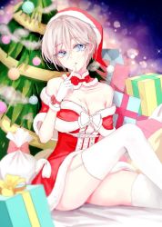 Rule 34 | 1girl, anastasia (idolmaster), bag, blue eyes, blurry, blurry background, breasts, christmas, christmas ornaments, christmas tree, cleavage, cream, cream on body, crossed legs, detached collar, dress, finger to mouth, garter straps, gift, hair between eyes, hat, idolmaster, idolmaster cinderella girls, licking, licking finger, looking at viewer, medium breasts, night, night sky, off-shoulder dress, off shoulder, open mouth, rum raisin (chihiromakita19), santa costume, santa hat, short hair, sitting, sky, solo, star (sky), thighhighs, white hair, white thighhighs, wrist cuffs