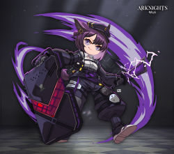 Rule 34 | 1girl, animal ears, arknights, baton (weapon), beret, black footwear, black hat, black jacket, black pants, closed mouth, dur-nar (arknights), electricity, fang, full body, hat, holding, holding shield, holding weapon, jacket, lataedelan, looking at viewer, pants, polo shirt, purple eyes, purple hair, shield, shirt, shoes, short hair, smile, solo, tail, weapon, white shirt