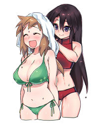 Rule 34 | 1girl, 2girls, abs, bare shoulders, bikini, black eyes, black hair, blush, breasts, brown hair, cleavage, closed mouth, copyright request, cropped legs, curvy, drying, drying hair, closed eyes, fitness (manga), green bikini, hair between eyes, large breasts, long hair, multiple girls, navel, ooshio7734, open mouth, plump, purple eyes, red bikini, simple background, smile, swimsuit, towel, wet, white background