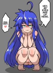 Rule 34 | 1girl, aged up, ahoge, barefoot, blue hair, cleft of venus, completely nude, english text, eyelashes, female focus, full body, green eyes, grey background, hand on own chin, head rest, heart, highres, izumi konata, legs together, long hair, looking at viewer, lucky star, nude, parted lips, pussy, shiny skin, simple background, smile, solo, speech bubble, spoken heart, squatting, text focus, tiptoes, toes, uncensored, verymediocre