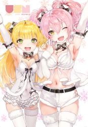 Rule 34 | 10s, 2girls, :d, ;d, arm up, armpits, babydoll, blonde hair, blush, bow, breasts, cleavage, covered navel, detached sleeves, earrings, eyelashes, fang, fangs, fur trim, green eyes, hair bow, highres, idolmaster, idolmaster cinderella girls, jewelry, jougasaki mika, jougasaki rika, long hair, looking at viewer, medium breasts, multiple girls, nail polish, navel, necklace, nekometaru, one eye closed, open mouth, orange nails, pink hair, red nails, short shorts, shorts, siblings, simple background, sisters, small breasts, smile, thighhighs, two side up, v, white legwear, yellow eyes
