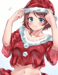Rule 34 | 1girl, adjusting clothes, adjusting headwear, bad id, bad twitter id, blue eyes, blush, brown hair, christmas, collarbone, commentary request, crop top, fur-trimmed shirt, fur trim, hat, highres, looking at viewer, love live!, love live! sunshine!!, midriff, minori 748, navel, notice lines, pom pom (clothes), red shirt, santa costume, santa hat, shirt, short hair, short sleeves, smile, solo, upper body, watanabe you