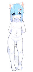 Rule 34 | 1boy, 848siba, animal ears, arms behind back, bar censor, blue eyes, cat boy, cat ears, cat tail, censored, flaccid, full body, furry, furry male, hair ornament, hairclip, highres, looking at viewer, male focus, navel, nipples, nude, original, penis, sidelocks, solo, standing, tail, thick eyebrows, trap, white fur
