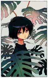 Rule 34 | 1girl, black hair, black shirt, border, bright pupils, brown eyes, from side, grey background, highres, ka (marukogedago), leaf, looking at viewer, looking to the side, original, parted lips, shirt, short hair, solo, upper body, white border, white pupils