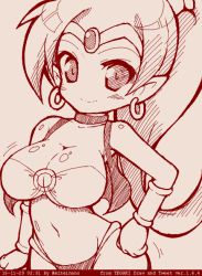 Rule 34 | 1girl, bikini, breasts, circlet, cleavage, contrapposto, dated, earrings, female focus, hand on own hip, hatching (texture), high ponytail, jewelry, large breasts, long hair, looking at viewer, miyata gakuman, monochrome, navel, o-ring, o-ring top, pointy ears, red theme, shantae, shantae (series), smile, solo, standing, swimsuit, twitter username, vest, wayforward, wrist cuffs