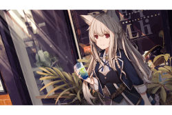 Rule 34 | 1girl, absurdres, animal ears, blonde hair, blue dress, blue jacket, blue neckwear, braid, commentary request, cup, dress, fantasy, flower pot, highres, holding, holding cup, jacket, light rays, long hair, looking at viewer, original, outdoors, plant, potted plant, red eyes, reflection, sagiri (ulpha220), smile, solo, sunbeam, sunlight, window, wing collar