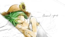 Rule 34 | 1girl, camisole, closed eyes, flower, green hair, gumi, hat, loundraw, original, short hair, sleeping, solo, sun hat, sunflower, traditional media, vocaloid