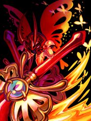 Rule 34 | 1other, black background, bug, butterfly, butterfly wings, highres, holding, holding sword, holding weapon, horns, insect, insect wings, kirby: star allies, kirby (series), looking at viewer, melontoyo, morpho knight, nintendo, no humans, shoulder pads, simple background, solo, spoilers, sword, weapon, wings