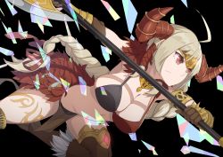 Rule 34 | 1girl, absurdres, axe, beatrice (brown dust), bikini, blonde hair, boots, braid, breasts, brown dust, brown gloves, circlet, cleavage, fur trim, gauntlets, gloves, highres, holding, holding axe, horns, long hair, navel, red eyes, rlin, solo, swimsuit, tattoo, thigh boots, thighhighs, very long hair