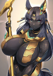 Rule 34 | 1girl, animal ears, areola slip, black hair, black skin, breasts, cleavage, closed mouth, colored skin, dark areolae, dark skin, egyptian clothes, green eyes, hair ornament, hassen (8cm), highres, huge breasts, long hair, looking at viewer, original, parted bangs, revealing clothes, sideboob, solo