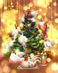 Rule 34 | animal, bird, bow, box, chicken, christmas tree, claws, feathers, gift, highres, kfc, original, ornament, ribbon, rooster, star (symbol), tree, wings, yoshiyanmisoko