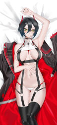Rule 34 | 1girl, absurdres, arm up, armpits, azur lane, bare shoulders, bed sheet, black choker, black coat, black hair, black nails, black thighhighs, blue hair, breast strap, breasts, c-string, choker, cleavage, closed mouth, coat, unworn coat, collarbone, collared shirt, cowboy shot, crop top, cross, dakimakura (medium), garter straps, gluteal fold, gradient hair, groin, hair between eyes, hand on own stomach, highres, horns, iron cross, large breasts, looking at viewer, lying, multicolored hair, nail polish, navel, navel piercing, o-ring, on back, panties, pi-xy, piercing, red horns, shirt, short hair, sidelocks, skindentation, sleeveless, sleeveless shirt, slit pupils, solo, spiked choker, spikes, stomach, strapless bottom, thigh gap, thighhighs, ulrich von hutten (azur lane), underwear, white hair, white panties, white shirt, yellow eyes