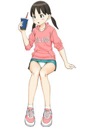 Rule 34 | 1girl, ankle socks, black eyes, black hair, blue skirt, clothes writing, commentary request, cross-laced footwear, cup, disposable cup, doraemon, drinking straw, english text, holding, holding cup, hood, hood down, hoodie, long sleeves, looking to the side, low twintails, maburu (lojyq1eur3e8bit), minamoto shizuka, miniskirt, open mouth, panties, pantyshot, pink footwear, pink hoodie, shoes, simple background, sitting, skirt, sneakers, socks, solo, twintails, underwear, white background, white panties, white socks