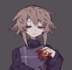 Rule 34 | 1girl, blood, blood on hands, brown hair, commentary request, empty eyes, grey background, grin, half-closed eyes, hand up, katasu yasumi, long sleeves, looking at viewer, messy hair, no pupils, plaid, plaid vest, purple eyes, purple sweater, purple vest, short hair, sidelocks, simple background, smile, solo, sweater, tareme, turtleneck, turtleneck sweater, upper body, urotsuki, vest, yume 2kki