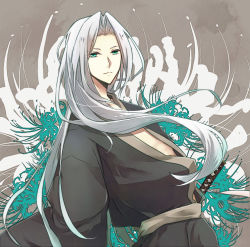 Rule 34 | 1boy, alternate costume, black kimono, final fantasy, final fantasy vii, floral background, floral print, flower, green eyes, grey hair, japanese clothes, katana, kimono, long bangs, long hair, looking at viewer, male focus, masamune (ff7), parted bangs, sephiroth, solo, spider lily, spider lily print, straight hair, sword, upper body, weapon, wide sleeves, zamaaaaa