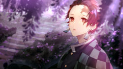 Rule 34 | 1boy, artist name, black jacket, blurry, blurry foreground, brown hair, dappled sunlight, earrings, flower, haori, jacket, japanese clothes, jewelry, kamado tanjirou, kimetsu no yaiba, male focus, otoufu (gotouhu), parted lips, red eyes, scar, scar on face, scar on forehead, solo, stairs, sunlight, wisteria