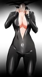 Rule 34 | 1girl, bad id, bad pixiv id, black bodysuit, bodysuit, breasts, celty sturluson, center opening, cleavage, durarara!!, headless, highres, large breasts, latex, latex suit, shino (comic penguin club), shiny clothes, solo