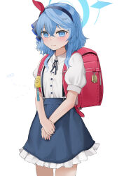 Rule 34 | 1girl, absurdres, aged down, ako (blue archive), backpack, bag, blue archive, blue eyes, blue hair, blue skirt, blush, crime prevention buzzer, halo, highres, looking at viewer, neck ribbon, own hands together, petticoat, randoseru, red bag, ribbon, san (harutuki 3), shirt, simple background, skirt, solo, suspender skirt, suspenders, white background, white shirt