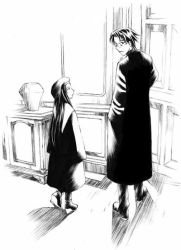 Rule 34 | 1boy, 1girl, blood alone, boots, coat, desk, door, full body, greyscale, height difference, indoors, light rays, long hair, long sleeves, looking back, monochrome, shadow, standing, table, window