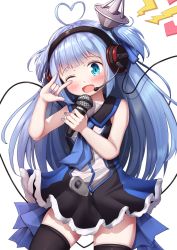 Rule 34 | 1girl, ;d, ahoge, bare arms, black dress, black thighhighs, blue eyes, blue hair, blue nails, blue neckwear, blush, copyright request, dress, hands up, head tilt, headphones, headset, heart, heart ahoge, highres, holding, holding microphone, lightning bolt symbol, long hair, looking at viewer, microphone, mochiyuki, \\n/, nail art, nail polish, one eye closed, open mouth, pleated dress, sidelocks, simple background, sleeveless, sleeveless dress, smile, solo, thighhighs, two side up, very long hair, white background, zipper pull tab