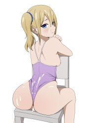 Rule 34 | 1girl, absurdres, anus, ass, back, backboob, bare shoulders, blonde hair, blue eyes, blue scrunchie, blush, breasts, breasts out, censored, closed mouth, coro fae, cum, cum in ass, cum in pussy, cum on body, double-parted bangs, facial, feet out of frame, from behind, hair between eyes, hair ornament, hair scrunchie, hayasaka ai, highleg, highleg swimsuit, highres, kaguya-sama wa kokurasetai ~tensai-tachi no renai zunousen~, looking at viewer, looking back, medium breasts, medium hair, nipples, on chair, one-piece swimsuit, purple one-piece swimsuit, pussy, scrunchie, side ponytail, simple background, sitting, smile, solo, swimsuit, tsurime, white background
