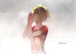 Rule 34 | 1girl, ^ ^, blonde hair, closed eyes, cloud, cloudy sky, fog, green hair, gumi, messy hair, own hands together, shirt, short hair, short sleeves, sky, solo, song name, tang elen, upper body, vocaloid
