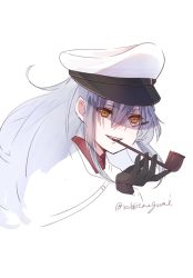 Rule 34 | 1girl, commentary request, facial scar, gangut (kancolle), hat, highres, jacket, kantai collection, looking at viewer, megu usagi, military hat, military jacket, pipe in mouth, scar, scar on cheek, scar on face, silver hair, smoking pipe, twitter username, white background, yellow eyes