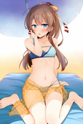 Rule 34 | 1girl, bare legs, bare shoulders, barefoot, beach, bikini, blue eyes, blush, breasts, brown hair, collarbone, commentary request, day, hair ribbon, hand on own face, kantai collection, kazagumo (kancolle), long hair, looking at viewer, medium breasts, navel, open mouth, outdoors, polka dot, ponytail, ribbon, rui shi (rayze ray), sand, sarong, sitting, solo, swimsuit, umbrella, wariza