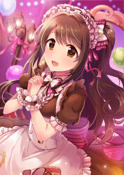 Rule 34 | 1girl, absurdres, apron, balloon, blurry, blurry background, blush, bow, breasts, brown dress, brown eyes, brown hair, dot nose, dress, dress bow, frilled apron, frilled dress, frills, hair bow, hair ribbon, hands up, highres, idolmaster, idolmaster cinderella girls, idolmaster cinderella girls starlight stage, interlocked fingers, lamppost, long hair, looking at viewer, medium breasts, one side up, open mouth, own hands together, pink bow, pink ribbon, puffy short sleeves, puffy sleeves, ribbon, sakura ran, scrunchie, shimamura uzuki, short sleeves, smile, solo, two-tone bowtie, two-tone ribbon, upper body, white apron, white headdress, wrist scrunchie