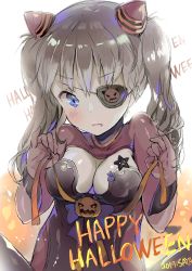 Rule 34 | 1girl, artist name, backlighting, blue eyes, blush, bodysuit, closed mouth, dated, eyepatch, fang, fang out, grey hair, halloween costume, hands up, happy halloween, headgear, highres, holding, jack-o&#039;-lantern, long hair, looking down, neon genesis evangelion, saya (mychristian2), signature, solo, souryuu asuka langley, star (symbol), twintails, upper body, v-shaped eyebrows