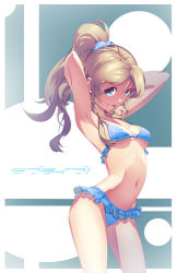Rule 34 | 10s, absurdres, arched back, armpits, arms behind head, arms up, ayase eli, bikini, blonde hair, blue bikini, blue eyes, breasts, breasts apart, copyright name, cowboy shot, frilled bikini, frills, highres, long hair, looking at viewer, love live!, love live! school idol festival, love live! school idol project, medium breasts, navel, one side up, open mouth, ponytail, scrunchie, smile, solo, standing, stars (ssss50369), swimsuit, text focus, underboob