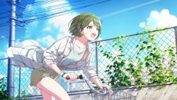 Rule 34 | 1girl, bicycle, bicycle basket, blue sky, bracelet, brown eyes, cloud, day, foliage, green hair, idolmaster, idolmaster shiny colors, jewelry, long sleeves, nanakusa nichika, official art, open mouth, outdoors, riding, riding bicycle, shirt, short hair, skirt, sky, solo, sweat, utility pole, wind