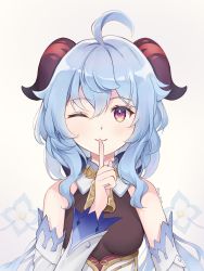 Rule 34 | absurdres, ahoge, artist name, bare shoulders, bell, blue hair, breasts, closed mouth, detached sleeves, finger to mouth, flower, ganyu (genshin impact), genshin impact, gold trim, harukix, highres, horns, index finger raised, long hair, looking at viewer, medium breasts, neck bell, no gloves, one eye closed, purple eyes, shushing, smile, solo
