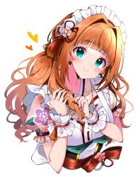 Rule 34 | 1girl, alternate costume, blunt bangs, blush, cropped torso, dress, enmaided, frilled sleeves, frills, green eyes, hair intakes, head tilt, heart, heart print, highres, holding, holding own hair, idolmaster, idolmaster (classic), idolmaster million live!, idolmaster million live! theater days, light smile, looking at viewer, maid, maid headdress, orange hair, pinafore dress, puffy short sleeves, puffy sleeves, short sleeves, simple background, sleeveless, sleeveless dress, solo, takatsuki yayoi, twintails, upper body, wavy hair, white background, wrist cuffs, yuanagae