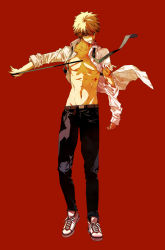 Rule 34 | 1boy, belt, black pants, blonde hair, chainsaw man, collarbone, denji (chainsaw man), grin, highres, long sleeves, looking at viewer, open clothes, open shirt, pants, red background, shirt, short hair, simple background, smile, teeth, toned, toned male, torn clothes, tsukumo (soar99), white footwear, white shirt