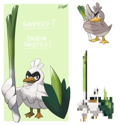 Rule 34 | artist name, character sheet, commentary, concept art, creatures (company), evolutionary line, farfetch&#039;d, food, game freak, gen 1 pokemon, gen 8 pokemon, gooompy, highres, holding, holding food, holding spring onion, holding vegetable, nintendo, no humans, pokemon, pokemon (creature), pokemon swsh, signature, sirfetch&#039;d, spring onion, vegetable