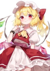 Rule 34 | 1girl, absurdres, ascot, belt, black belt, blonde hair, blush, bow, collared shirt, commentary, cowboy shot, crystal, fang, flandre scarlet, frilled shirt collar, frills, hair between eyes, hand up, hat, hat ribbon, highres, looking at viewer, medium hair, mob cap, one side up, petticoat, pink bow, puffy short sleeves, puffy sleeves, red ribbon, red skirt, red vest, ribbon, shirt, short sleeves, skin fang, skirt, smile, solo, suikario, sunken fossil world, touhou, vest, waist bow, white background, white hat, white shirt, wings, wrist belt, yellow ascot