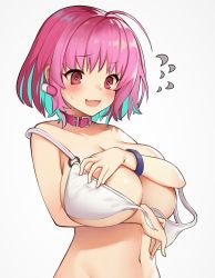 Rule 34 | 1girl, ahoge, bikini, blue hair, blue wristband, blush, breasts, collar, covered erect nipples, covering privates, covering breasts, earrings, embarrassed, fang, front-tie bikini top, front-tie top, hair intakes, highres, huge breasts, hyorang, idolmaster, idolmaster cinderella girls, jewelry, messy hair, multicolored hair, navel, nervous smile, o-ring, o-ring top, open mouth, pill, pill earrings, pink collar, pink eyes, pink hair, shaded face, short hair, simple background, smile, solo, sweatdrop, swimsuit, tareme, tongue, two-tone hair, upper body, wardrobe malfunction, white background, white bikini, yumemi riamu