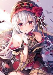 Rule 34 | 1girl, :o, animal, bare shoulders, bat (animal), black kimono, blush, collarbone, commentary request, finger to mouth, floral print, flower, frilled kimono, frills, gloves, hair between eyes, hand up, japanese clothes, kimono, long hair, long sleeves, mitsuba choco, original, parted lips, petals, print kimono, red eyes, red flower, red rose, rose, rose print, silver hair, solo, very long hair, white gloves, wide sleeves