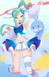 Rule 34 | 1girl, :d, altaria, arm up, arm warmers, commentary request, creatures (company), earrings, floating hair, game freak, gen 3 pokemon, green eyes, green hair, hair ornament, highres, jewelry, lisia (pokemon), looking at viewer, navel, nintendo, open mouth, pokemon, pokemon oras, shorts, shorts under skirt, showgirl skirt, single thighhigh, smile, sparkle, striped clothes, striped thighhighs, takahawk333, teeth, thighhighs, tongue, upper teeth only, v