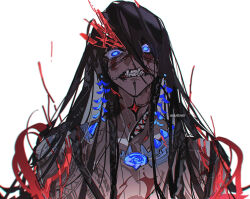 Rule 34 | 1boy, black hair, blue eyes, braid, camazotz (fate), clenched teeth, crazy eyes, eeju, extra mouth, fate/grand order, fate (series), highres, long hair, looking at viewer, male focus, monster boy, multiple braids, sharp teeth, simple background, tattoo, teeth, twitter username, upper body, white background, wide-eyed