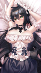 Rule 34 | 1girl, absurdres, arms up, azur lane, black hair, black skirt, breasts, choker, frilled choker, frills, green eyes, hair between eyes, highres, indomitable (azur lane), indomitable (ms. motivationless maid) (azur lane), large breasts, long hair, looking at viewer, lying, maid, maid headdress, official alternate costume, on back, pleated skirt, seele0907, skirt, solo, very long hair