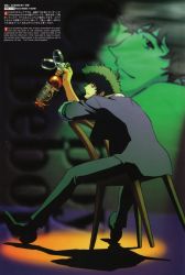 Rule 34 | 1990s (style), 1boy, alcohol, bottle, brown eyes, chair, cowboy bebop, cup, drinking glass, formal, glass, highres, liquor, looking at viewer, male focus, new year, over shoulder, scan, sitting, solo, spike spiegel, suit, text focus, translated, wine, wine glass
