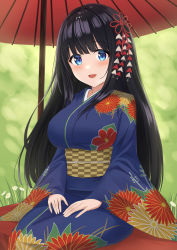 Rule 34 | 1girl, absurdres, black hair, blue eyes, blue kimono, blunt bangs, blush, breasts, day, floral print, flower print, full body, grass, green background, hair ornament, hands on lap, highres, japanese clothes, kimono, kneeling, large breasts, long hair, looking at viewer, obi, oil-paper umbrella, open mouth, original, outdoors, sash, seiza, sitting, smile, solo, umbrella, wide sleeves, yagasuri, yanazawa ko