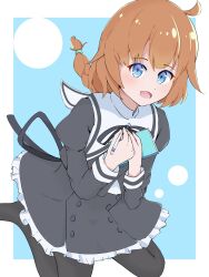 Rule 34 | 1girl, :d, ahoge, assault lily, black pantyhose, black ribbon, black skirt, blue background, blue eyes, border, braid, braided ponytail, brown hair, buttons, circle, commentary request, cropped jacket, frilled skirt, frills, futagawa fumi, hands on own chest, hands up, high-waist skirt, highres, holding, holding notebook, holding pen, juliet sleeves, knees out of frame, long hair, long sleeves, looking at viewer, low ponytail, neck ribbon, no shoes, notebook, open mouth, outside border, own hands together, pantyhose, pen, puffy sleeves, ribbon, school uniform, shirt, single braid, sitting, skirt, smile, solo, sora umi ao, wariza, white border, white shirt, yurigaoka girls academy school uniform