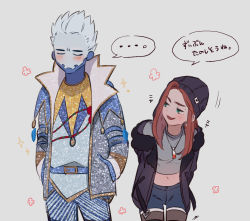 Rule 34 | ..., 1boy, 1girl, :3, animification, apex legends, blue jacket, blush, brother and sister, cropped shirt, crypto (apex legends), denim, denim shorts, earrings, grey shirt, hack frost crypto, hair behind ear, hands in pockets, iyo (nanaka-0521), jacket, jewelry, leaning forward, leggings, looking to the side, medium hair, mila alexander, mole above eye, multicolored hair, navel, open mouth, orange hair, purple hair, purple jacket, shirt, short shorts, shorts, siblings, smug, speech bubble, spoken ellipsis, streaked hair, translation request